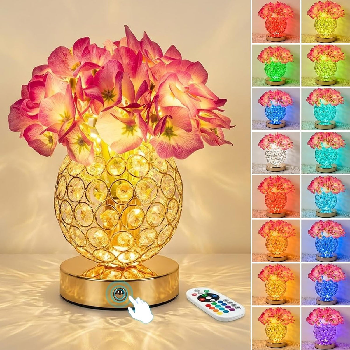 Flower Table Lamp, 16 Color Changing Hydrangea Crystal Night Light with Remote, Touch Dimming Artificial Flower Light, Romantic Flower Decoration Gifts for Girl Women Mom (Purple-Hydrangea)