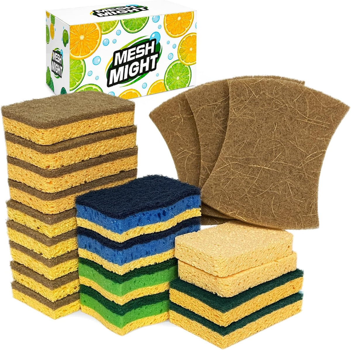 Kitchen Sponges, 20 Count, Plant-Based Cellulose + PET Scrub Sponge Set, Scratch & Non- Scratch Dish Sponges, Assorted Cleaning Sponges