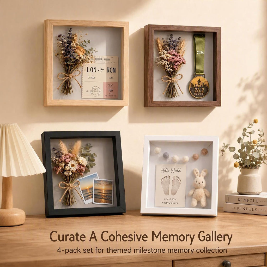 4 Pack 8x8 Shadow Box Frame-1.96" Deep Keepsake Box 3D Picture Frame/Walnut