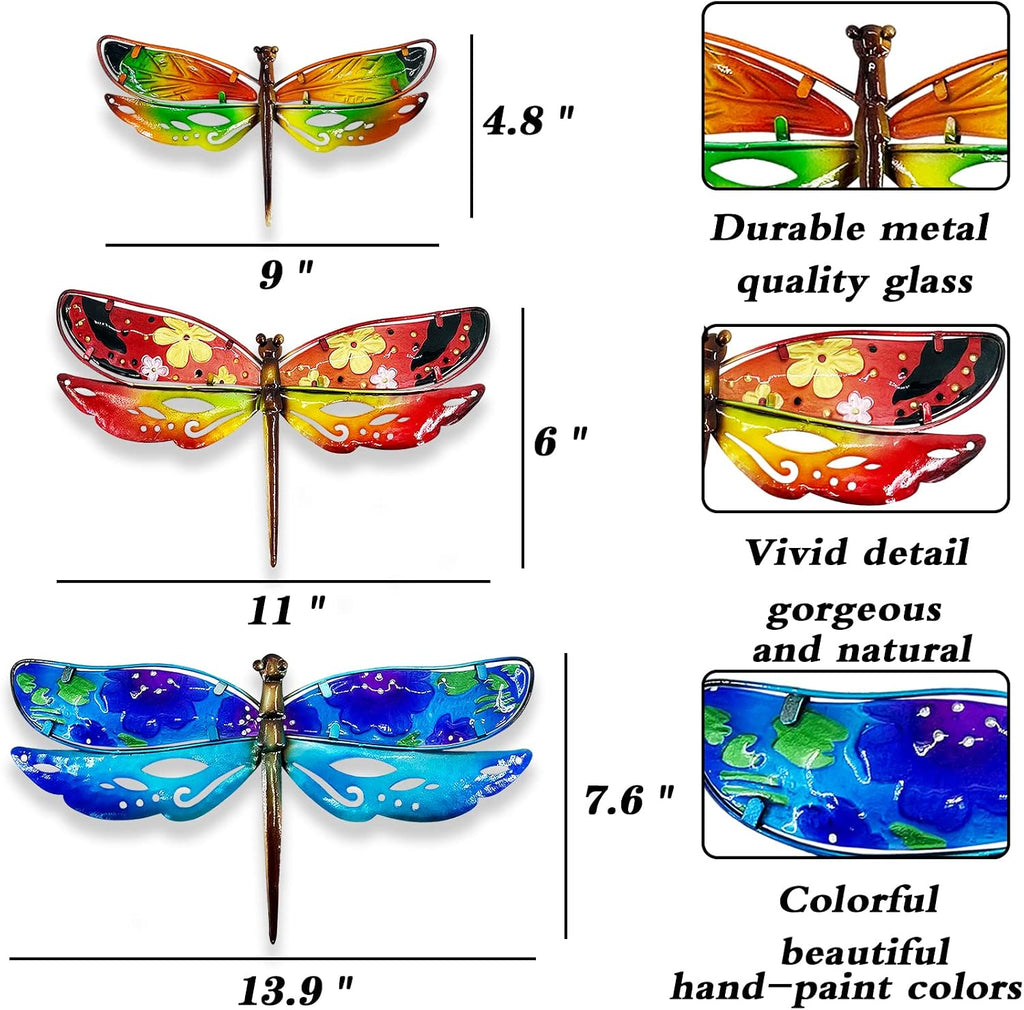 John's Studio Dragonfly Wall Decor Outdoor Metal Garden Hanging Art Glass Sculptures Home Insect Theme Decorations for Living Room, Bedroom Yard, Fence and Patio - 3 PCS