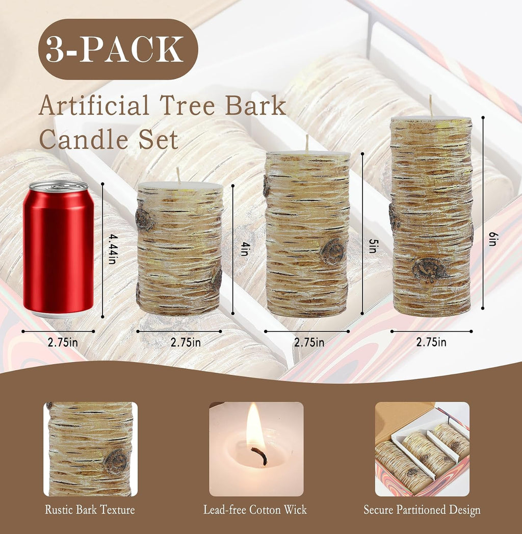 Birch Bark Pillar Candle Set of 3, Real Wax Fireplace Decor Candles