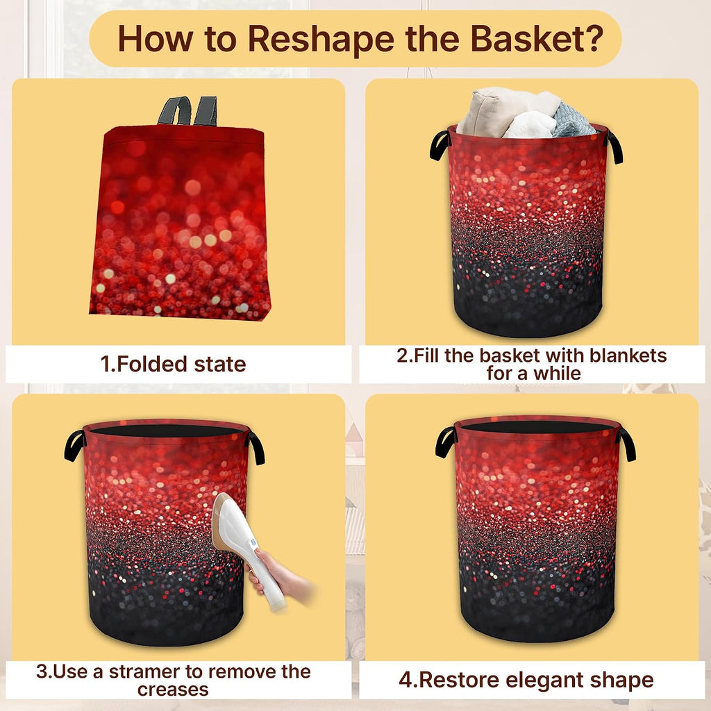 Collapsible Laundry Basket,Red Black Waterproof Oxford Cloth Hamper with Handles,Glitter Sparkling 16 x 20.8 Inch Portable Storage Organizer for Laundry Room Bedroom