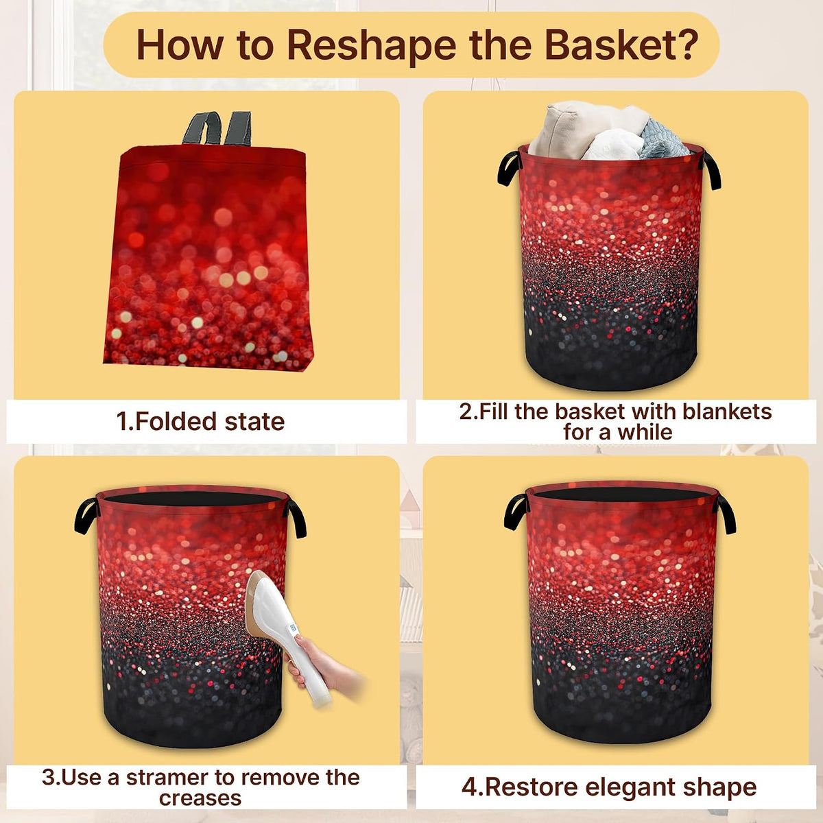 Collapsible Laundry Basket,Red Black Waterproof Oxford Cloth Hamper with Handles,Glitter Sparkling 16 x 20.8 Inch Portable Storage Organizer for Laundry Room Bedroom