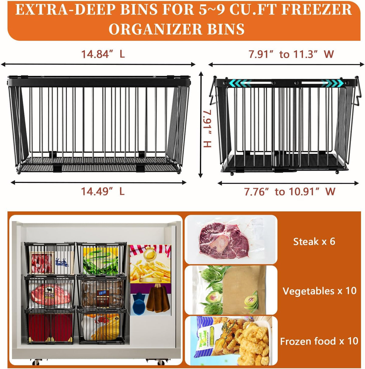 Large Freezer Organizer Bins for 5 to 9 Cu.Ft,Leak-Proof Bottom，4Pack