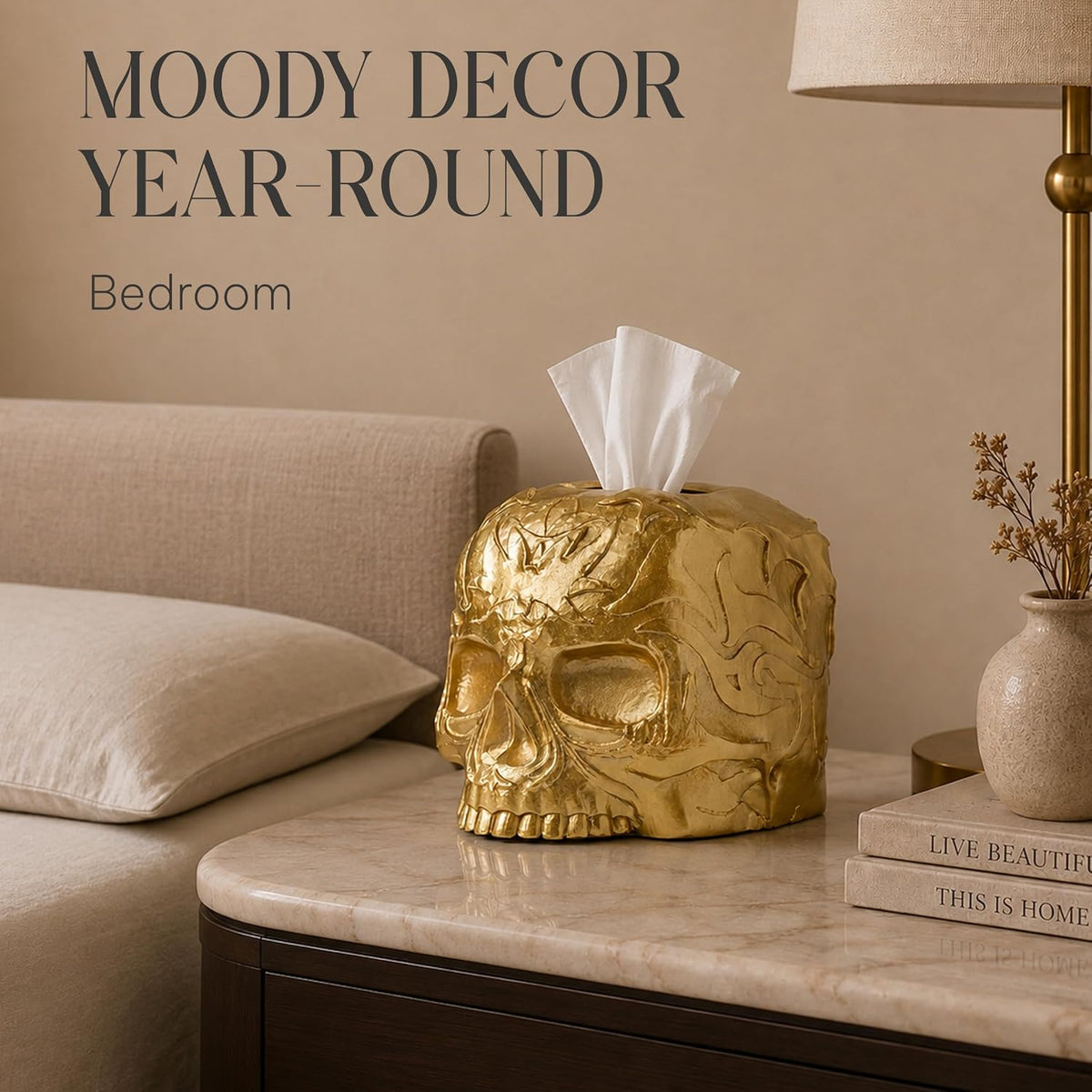 Gothic Skull Tissue Box Cover, Gold, Square by Death Decor