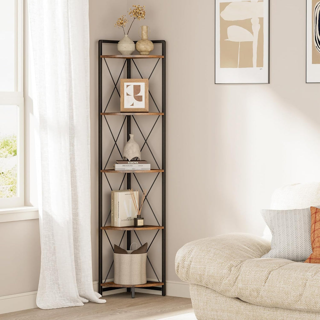 5 Tier Corner Shelf Stand, 64" H Tall Corner Bookshelf, Rustic Brown