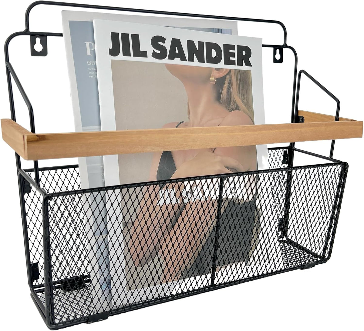 Wall Mounted Magazine Holder, Wooden-Trim Wall File Organizer, Hanging Magazine Rack, File Organizer for Entryway Living Room Kids’ room and Office, Hanging Mail Organizer