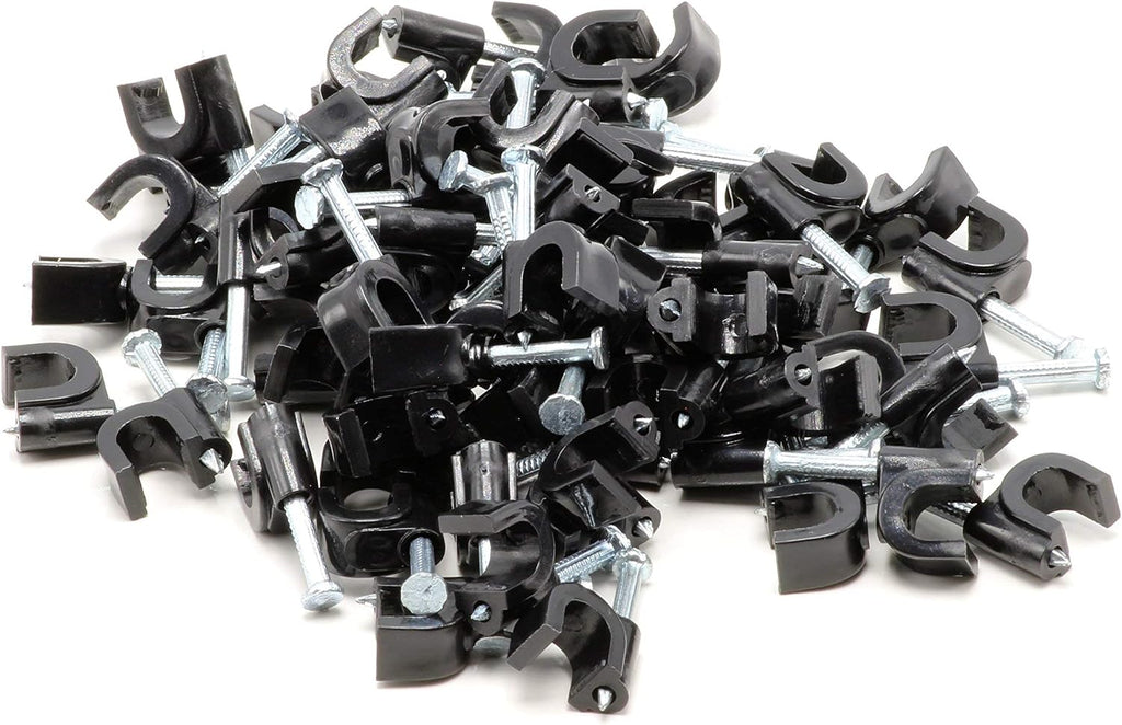 THE CIMPLE CO Single Coaxial Cable Clips 1/4 in - Indoor/Outdoor Cable Fasteners for Coax, Ethernet, CAT, Wires, and Tubing - Wire Clips with Nails 1/4 Inch (6mm) - 100 PCS, Black