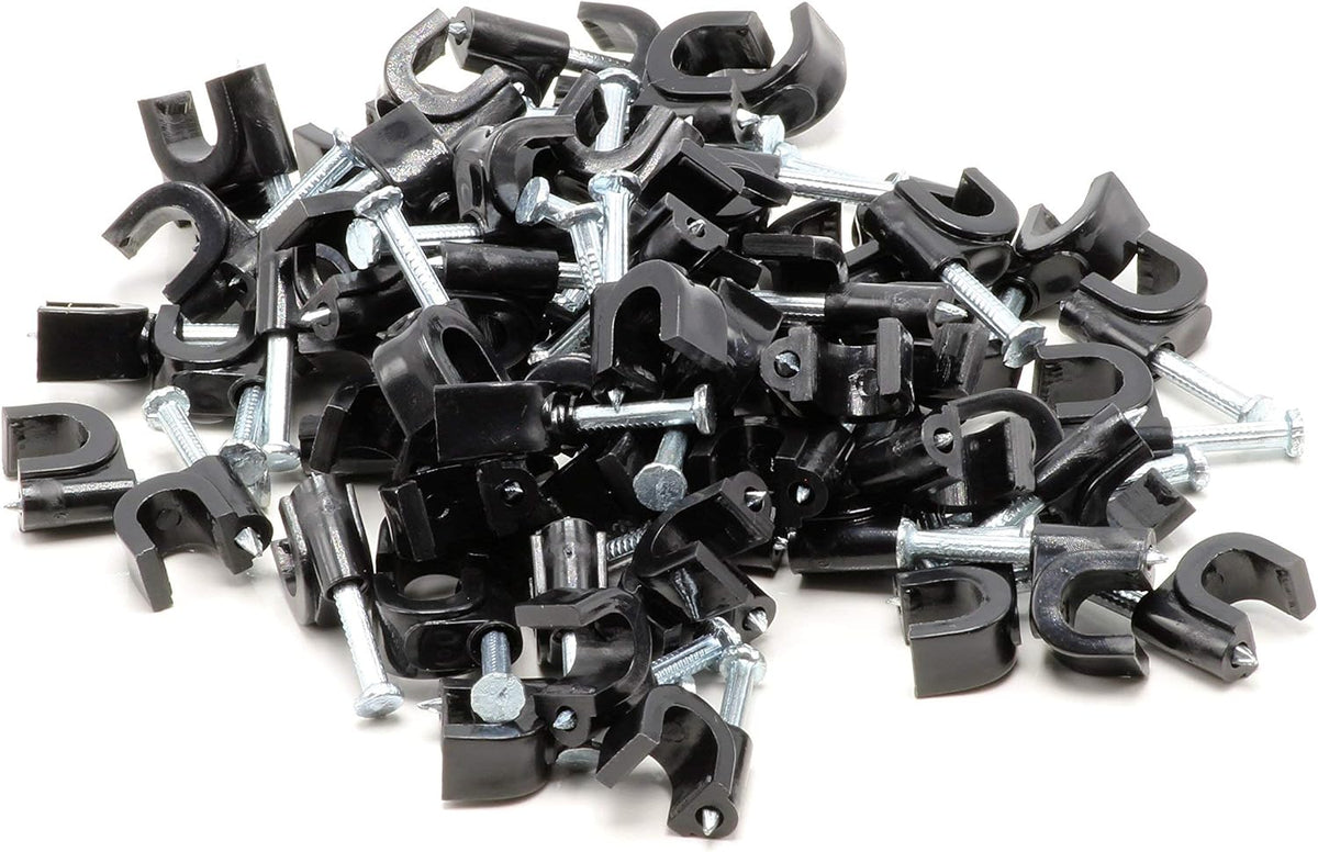 THE CIMPLE CO Single Coaxial Cable Clips 1/4 in - Indoor/Outdoor Cable Fasteners for Coax, Ethernet, CAT, Wires, and Tubing - Wire Clips with Nails 1/4 Inch (6mm) - 100 PCS, Black