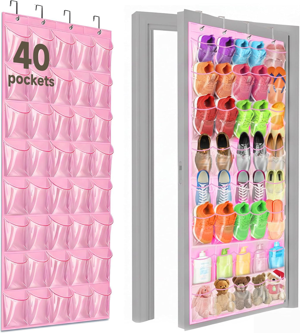 Over the Door Shoe Organizer with 40 Clear PVC Pockets – Waterproof Hanging Shoe Holder for Closet & Bathroom – Space-Saving Door Shoe Rack for Shoes, Toys, Toiletries & Snacks(Pink)