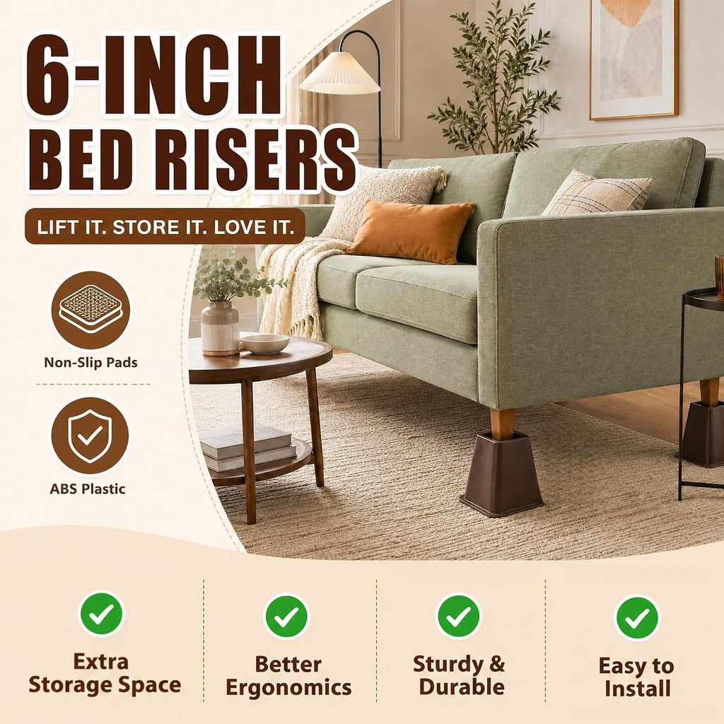 6 inch Large Bed Furniture Risers, 6 Pack Heavy Duty Couch Lifter for Sofa, Chair, Cabinet, Desk, Durable ABS Plastic Bed Stilts, Supports up to 2200 lbs, Brown