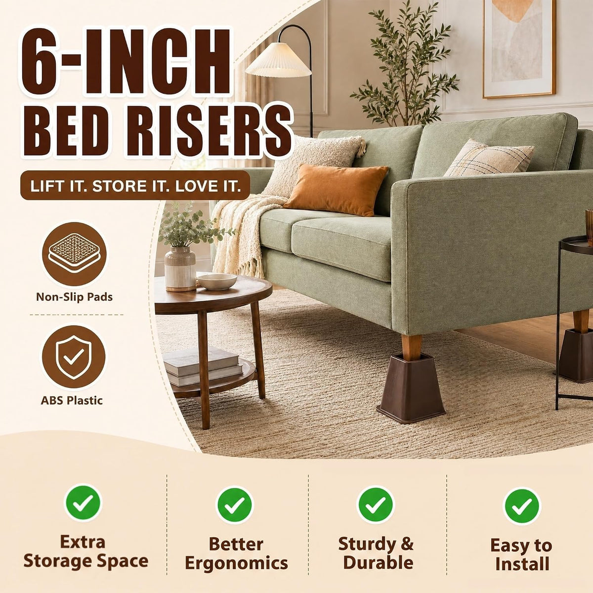 6 inch Large Bed Furniture Risers, 6 Pack Heavy Duty Couch Lifter for Sofa, Chair, Cabinet, Desk, Durable ABS Plastic Bed Stilts, Supports up to 2200 lbs, Brown
