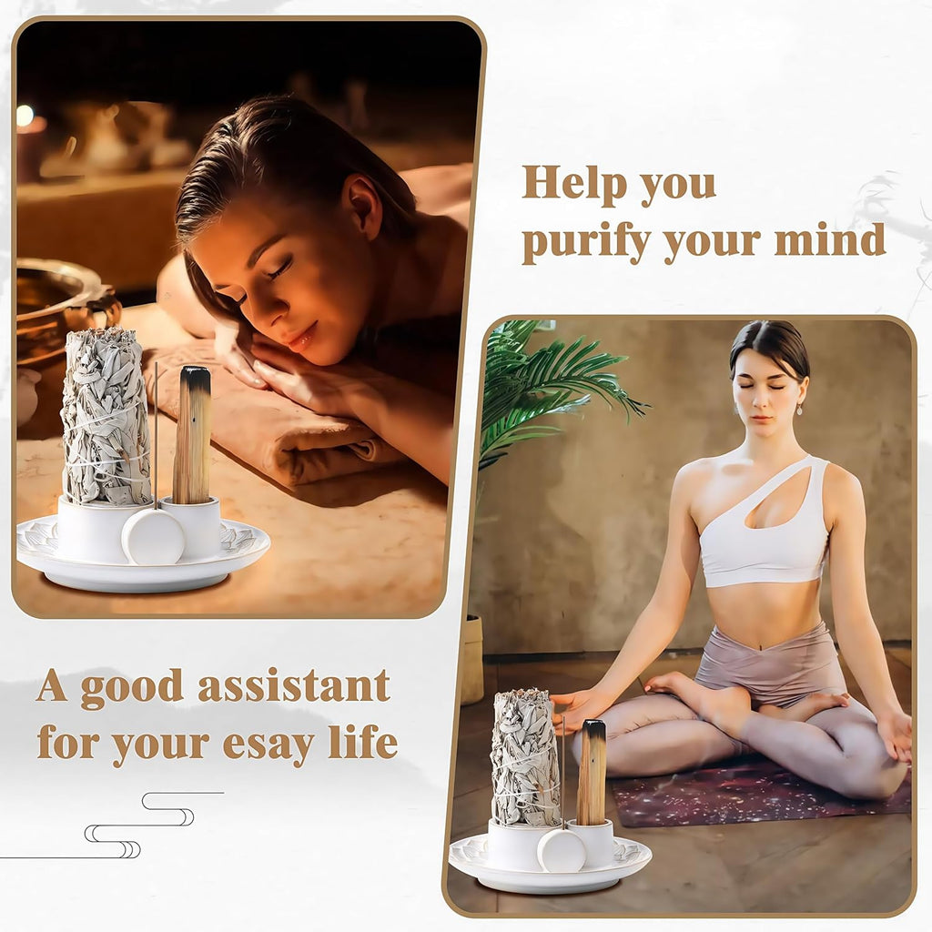 4 in 1 Incense Holder, Ceramic Incense Stick and Palo Santo Holder,Sage Holder for Burning- 5.5" Ceramic Ash Catcher Tray for Meditation and Yoga Room (White)