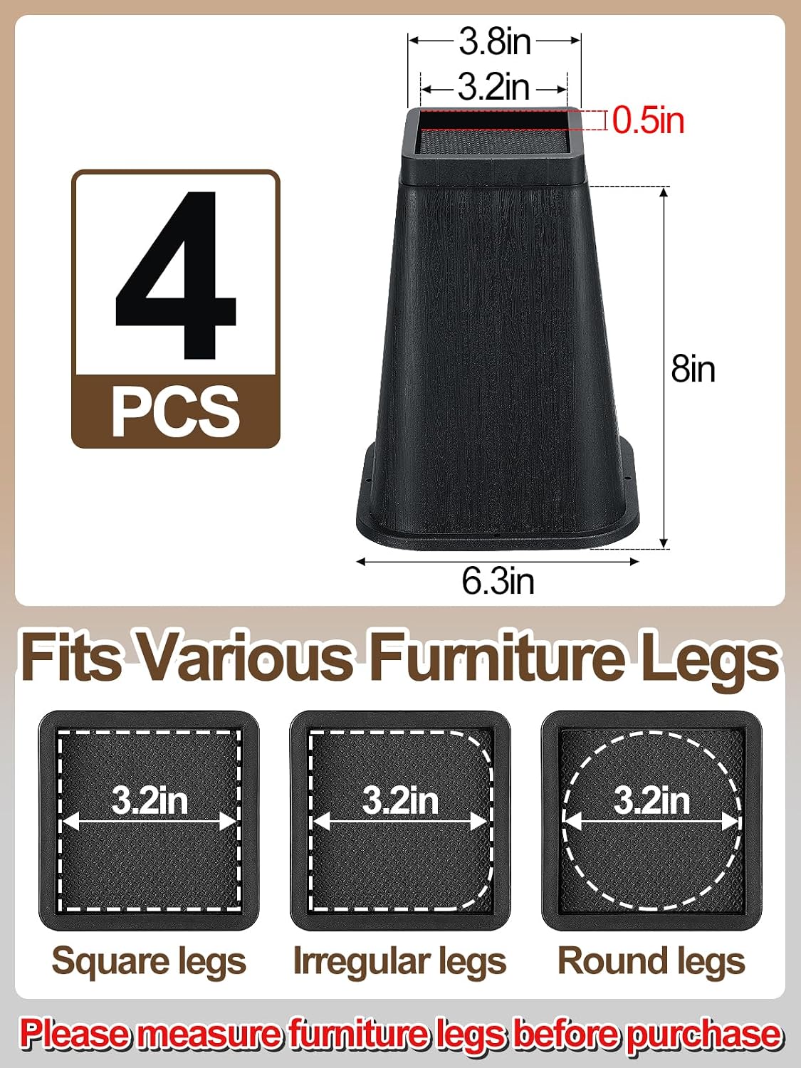 Bigmeta 8" Stable Bed Risers for Dorm Twin XL - Black, 4 Pcs