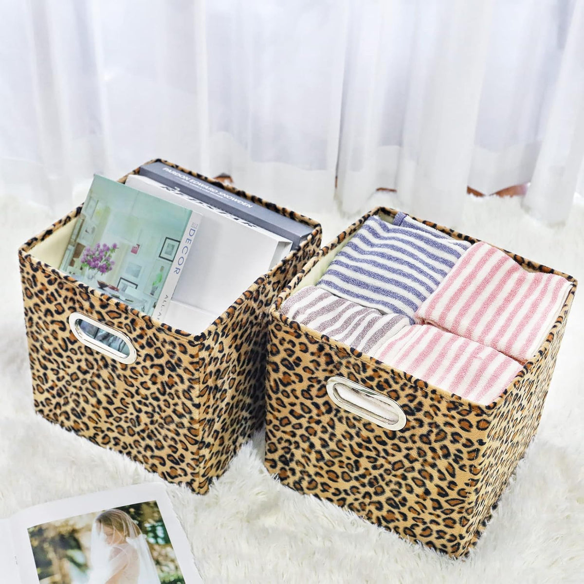 ANMINY Leopard Cheetah Print Storage Cubes Bins, Velvet, Brown, 11Inch 2PCS