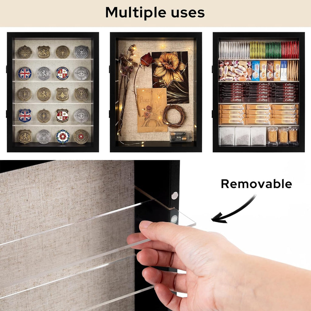12x16 Shadow Box Display Cases with 4 Removable Clear Shelves, Black