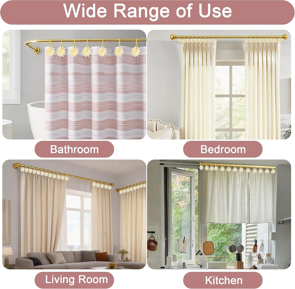 Shower Curtain Hooks, Rust Resistant Cute Daisy Metal Decorative Shower Rings Hangers Set of 12 for Bathroom Curtains,Clothing, Towels (Gold White)