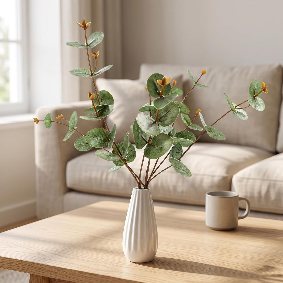 Artificial Eucalyptus Stems with Ceramic Vase for Home Decor,Sage Green