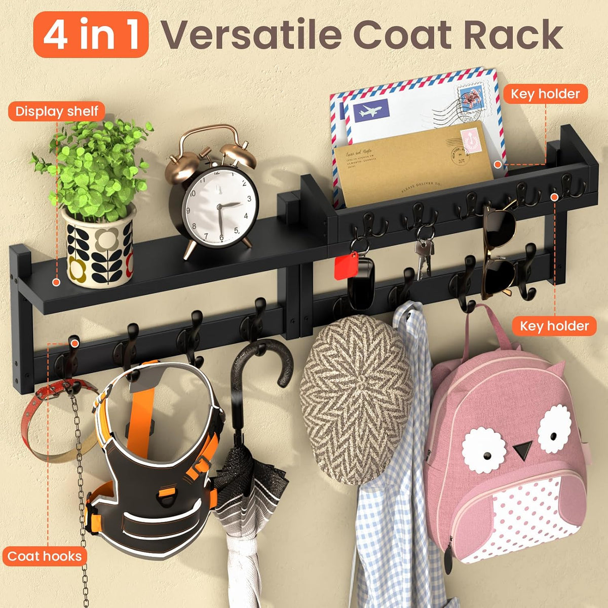 35'' Long Black Coat Rack Wall Mount with Shelf, Solid Wood Coat and Key Hanger with 13 Metal Hooks, Farmhouse Wall Organizer for Mail, Entryway Wall Hangers for Hats, Clothes, Backpacks