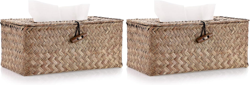 Sumnacon Tissue Box Cover Rectangle Tissue Box Seagrass Tissue Box Holder Woven Tissue Holder Decorative Tissue Cover for Bathroom Tissue Box Cover Rectangular for Home Office Table Coffee (Pack of 2)