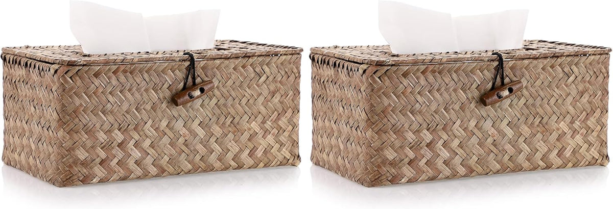 Sumnacon Tissue Box Cover Rectangle Tissue Box Seagrass Tissue Box Holder Woven Tissue Holder Decorative Tissue Cover for Bathroom Tissue Box Cover Rectangular for Home Office Table Coffee (Pack of 2)