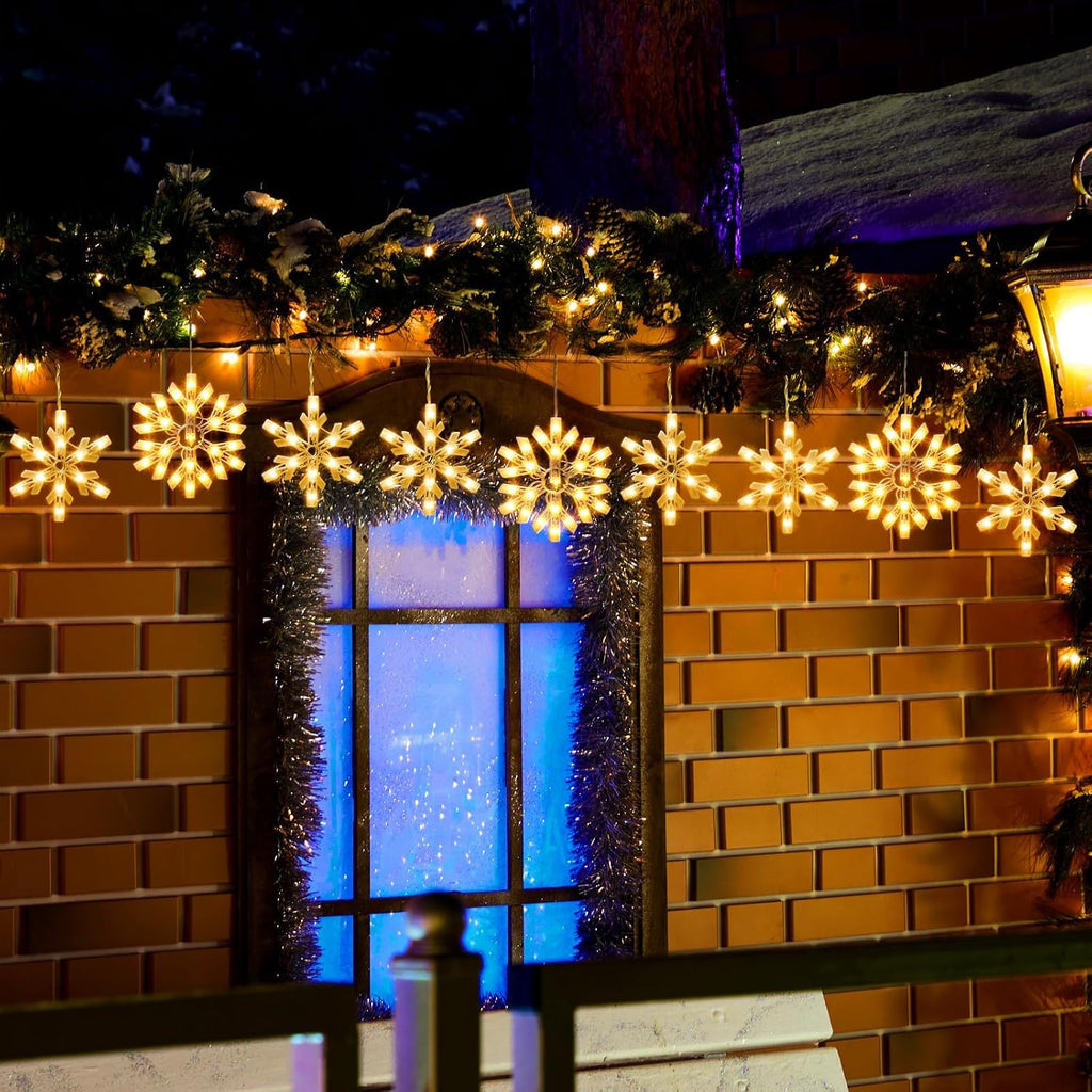 Minetom Snowflake Christmas String Lights with 9 Drops - 13ft 150 Mini Bulb Icicle Lights with Clips, Plug-in Connectable Hanging Lights for Front Porch House Tree Pation Decor