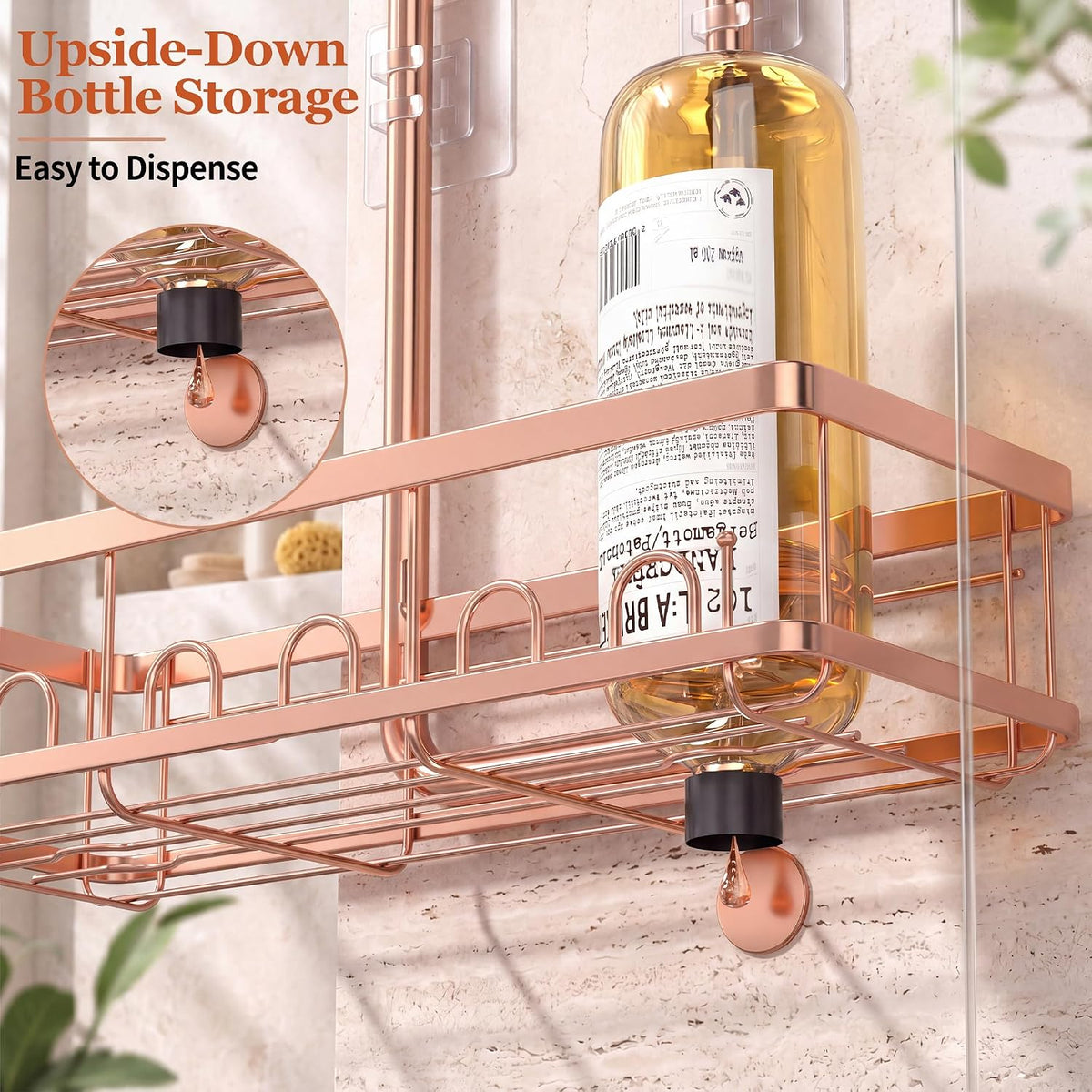 Skyapex Shower Caddy Hanging: Adjustable Height No Blocking to Shower Head - Shower Caddy Over Showerhead Shower Organizer - Rustproof Shower Shelves with Hooks 2 Soap Holders, Rose Gold