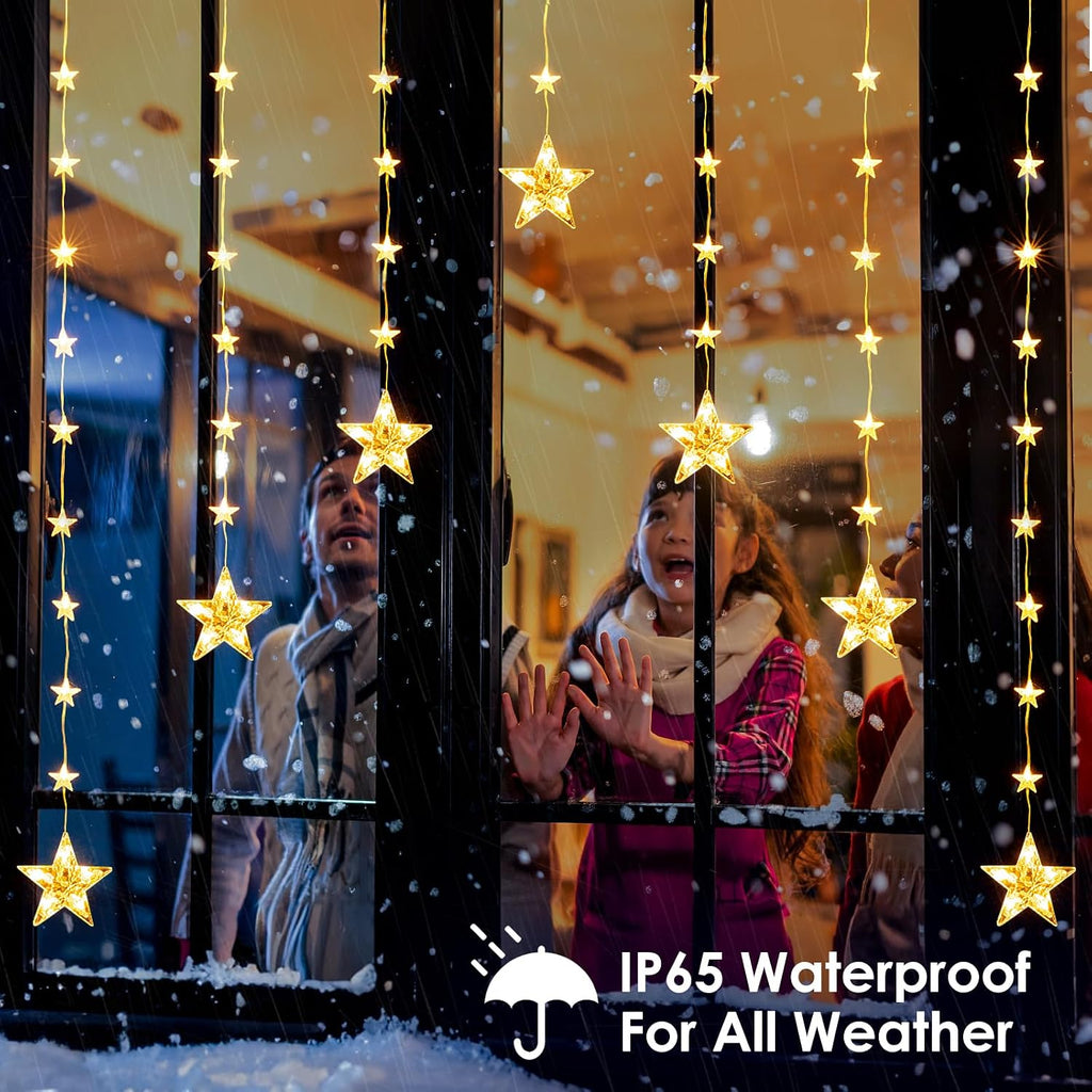 Marchpower 46 Stars Curtain Lights, Battery Operated Christmas Star Window Lights - Warm White with Timer & Memory Function & 8 Modes, IP65 Waterproof for Indoor Window Decoration