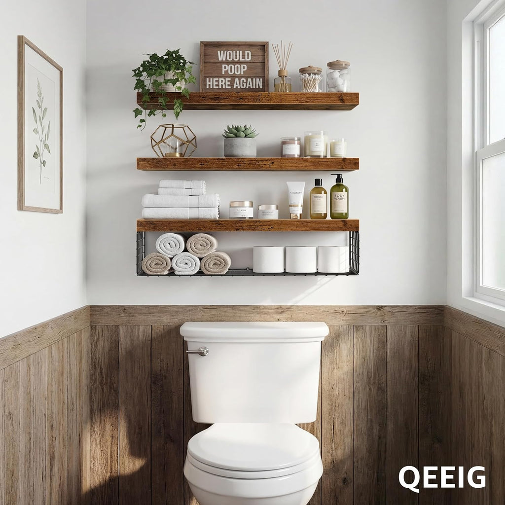 QEEIG Bathroom Shelves Over Toilet Wall Mounted (Brown, Set of 3, 31.5")