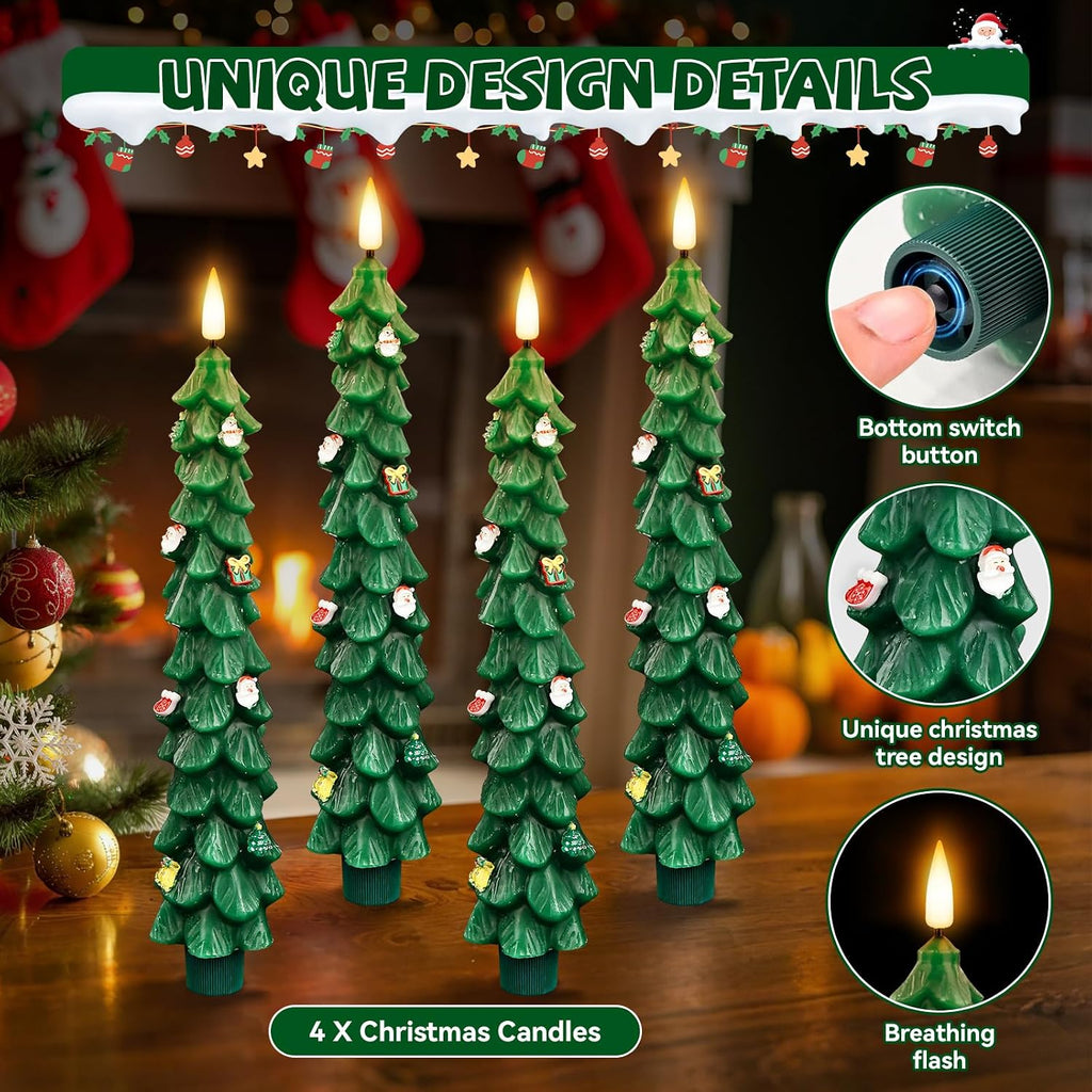 Flameless Christmas Tree Candles with Remote, 4 Pack 9.8” LED Battery Operated Taper Candles, Green 3D Sticker Flickering Candlesticks for Holiday Home Decoration
