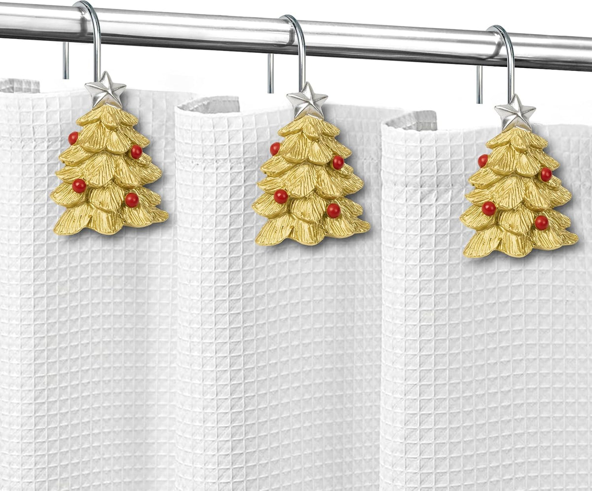 Sunlit Gold Christmas Tree Decorative Shower Curtain Hooks with Star, Shower Curtain Rings, Resin, Xmas Theme Winter Holiday Bathroom Decoration, Set of 12, Golden Tree with Red Balls Ornaments