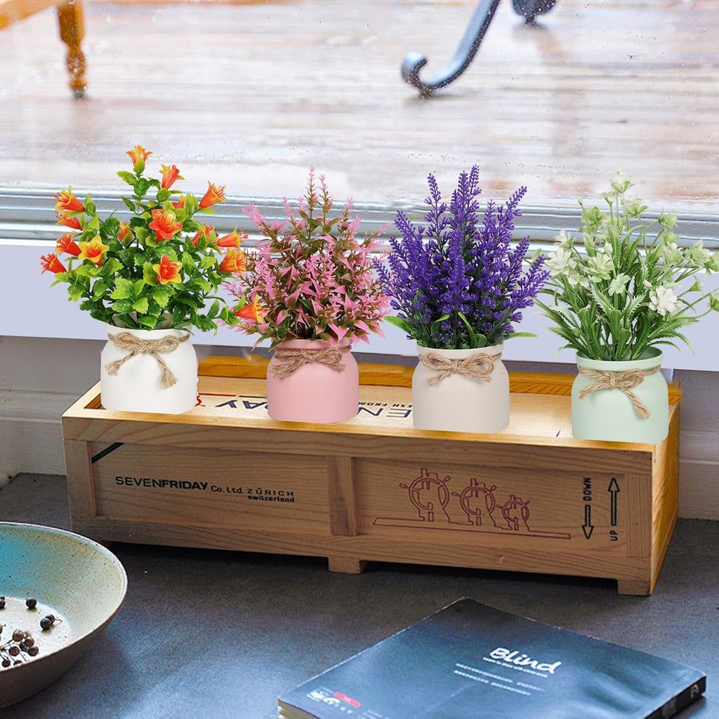 Yoratee 4pcs Artificial Pot Flowers Small Fake Plants with Pot Mini Potted Plants for House Office Tabletop Decoration