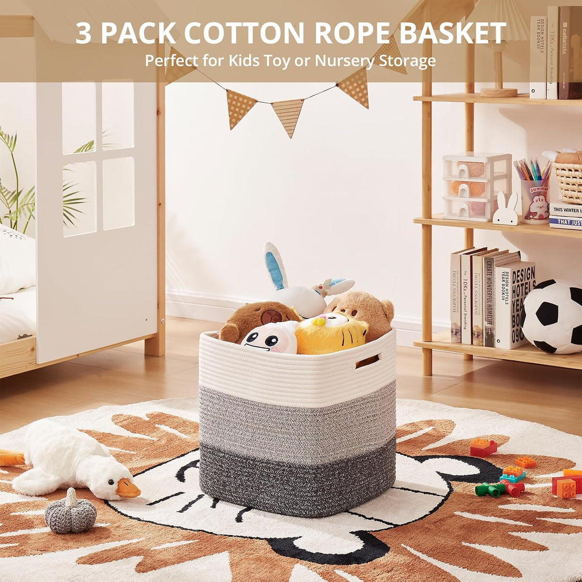 OIAHOMY 13 Inch Cube Storage Bins, 3-Pack Cotton Rope Woven Baskets for Organizing, Insert Storage Baskets for Shelves, Baby Nursery, Closet Organizer, 13 * 13 * 12.6IN, Gradient Gray