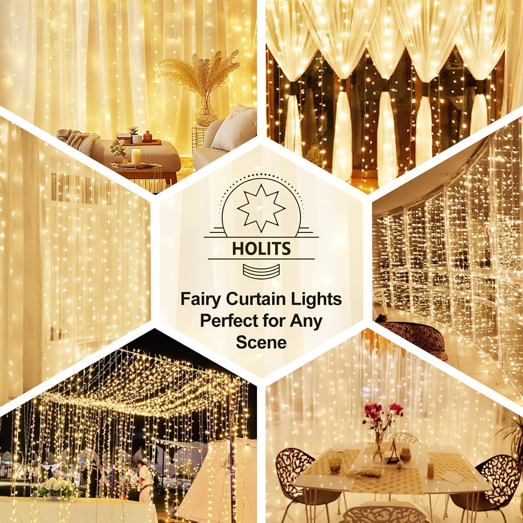 300 LED Fairy Curtain Lights, 9.8 x 9.8FT Warm White USB Plug in 8 Modes Hanging Lights with Remote for Christmas, Bedroom, Indoor, Outdoor, Weddings, Party (Warm White)