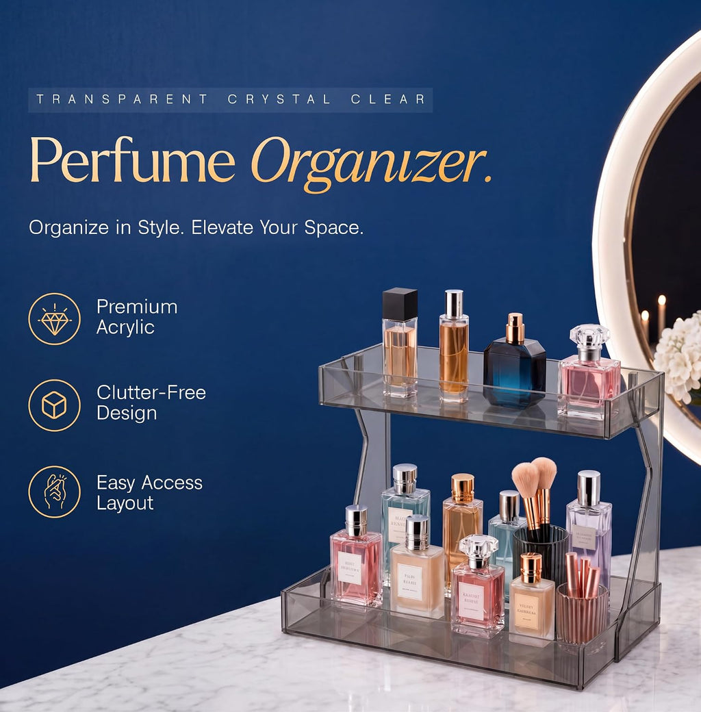 Perfume Organizer for Vanity, Premium Clear Acrylic Makeup Organizer Countertop with Non-Slip Trays, Easy 30-Second Assembly, organizador de maquillaje (Dark Diamond)