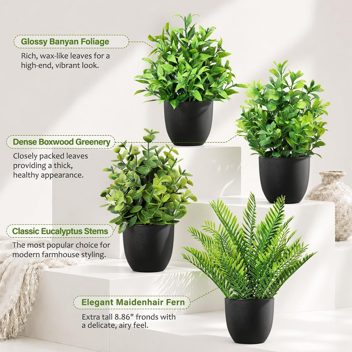 4 Pack Small Fake Plants in Black Pots Fern Eucalyptus Mix