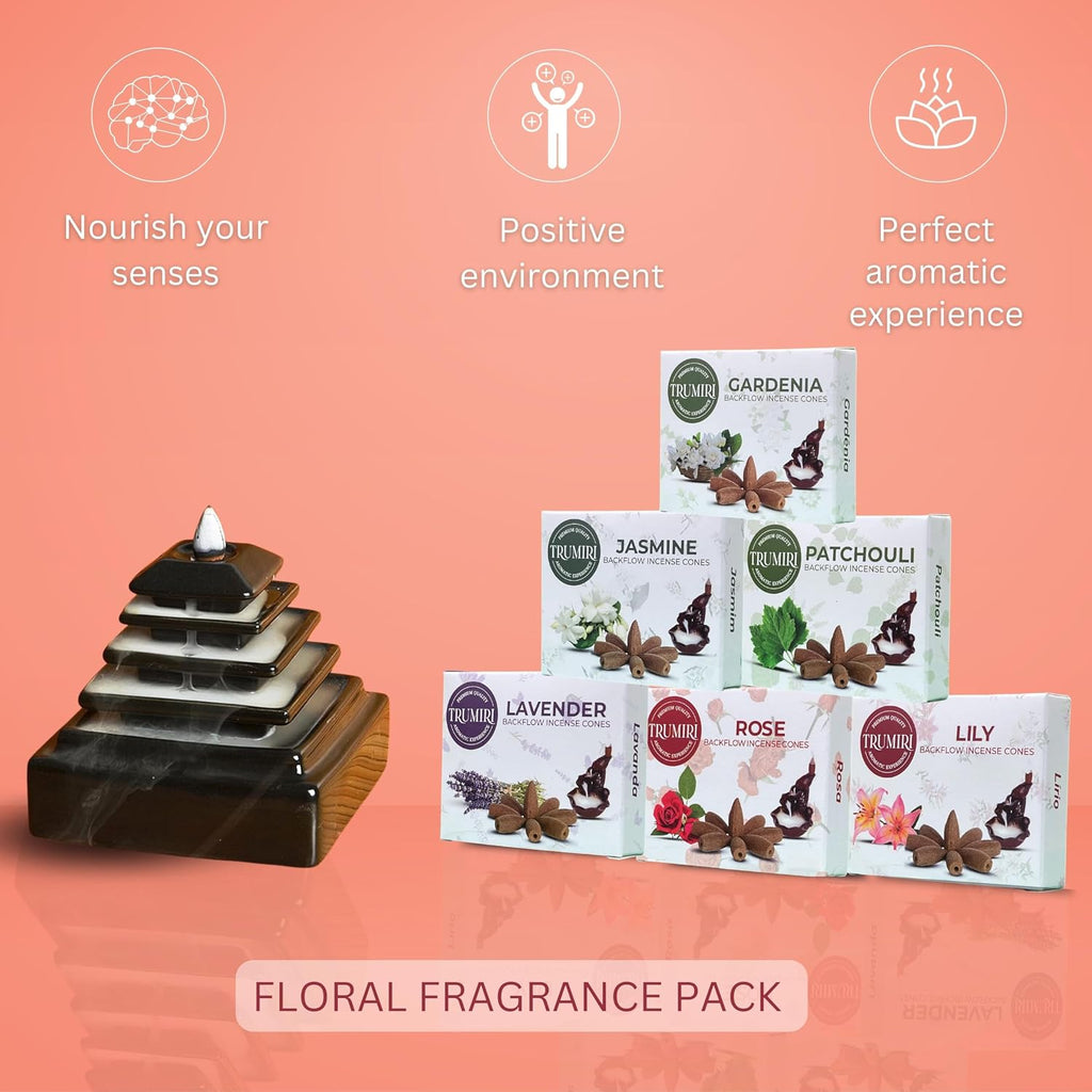 Floral - Backflow Incense Cones for Waterfall - Scented Inscents-Cones - Lavender, Jasmine, Rose, Patchouli, Lily, Gardenia - Insiensos Aromaticos - 6x10=60 Large Variety Pack