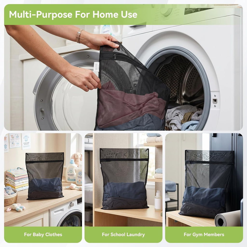 OTraki 2 Pack Mesh Laundry Bags with SAB Zipper, Black 20×24 Inch Washing Machine Bag with 4 CM Elastic Band, Reusable Lingerie Fine Mesh Wash Bag for Travel, Home and Storage