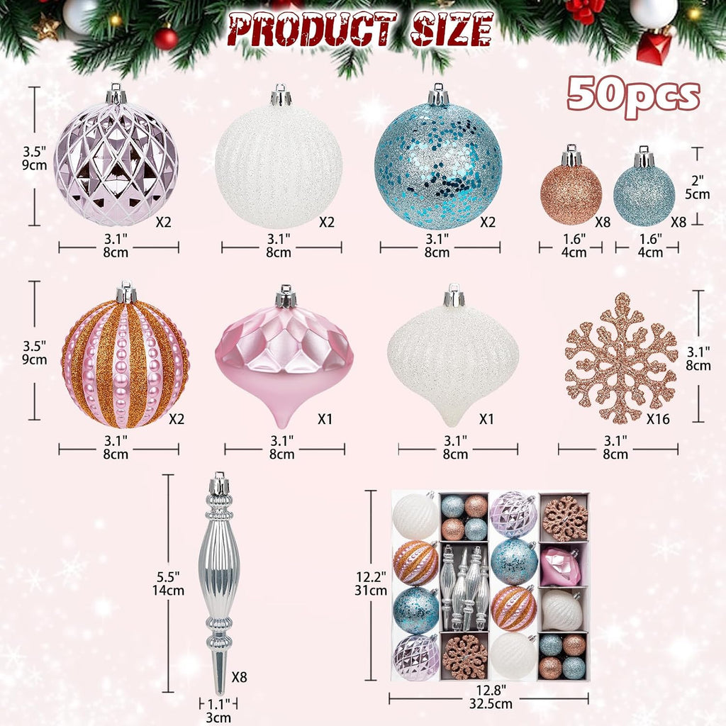 Hollyone Christmas Balls Ornaments Set, 50pcs Glitter Pink Blue and White Shatterproof Christmas Ball Snowflakes Tree Ornaments Hanging Ball Decoration for Xmas Tree Wreath Garland Wedding Home Decor