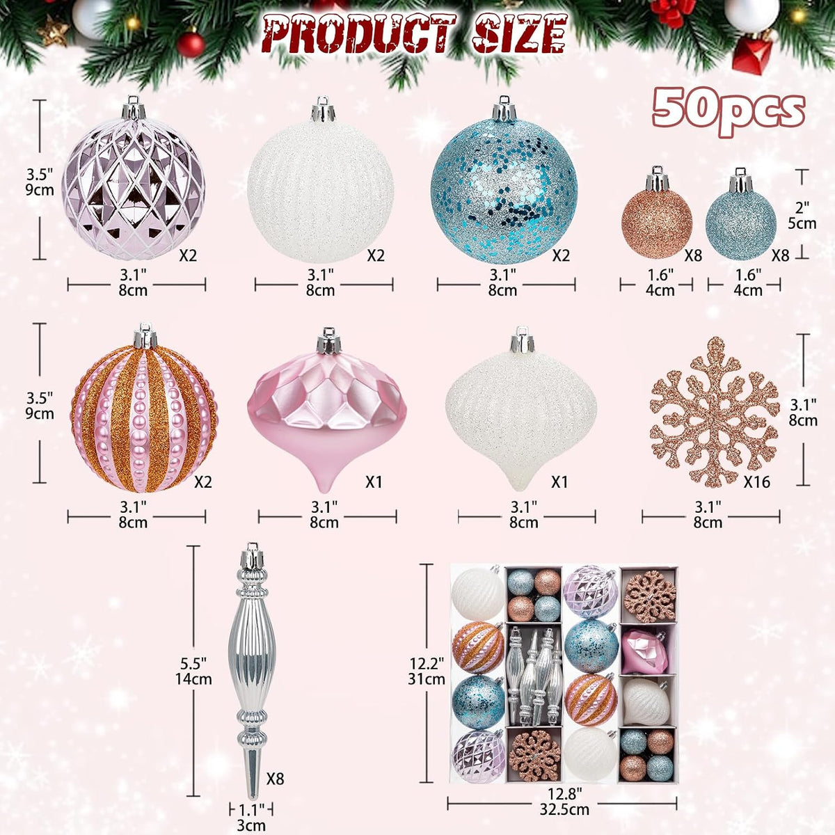 Hollyone Christmas Balls Ornaments Set, 50pcs Glitter Pink Blue and White Shatterproof Christmas Ball Snowflakes Tree Ornaments Hanging Ball Decoration for Xmas Tree Wreath Garland Wedding Home Decor