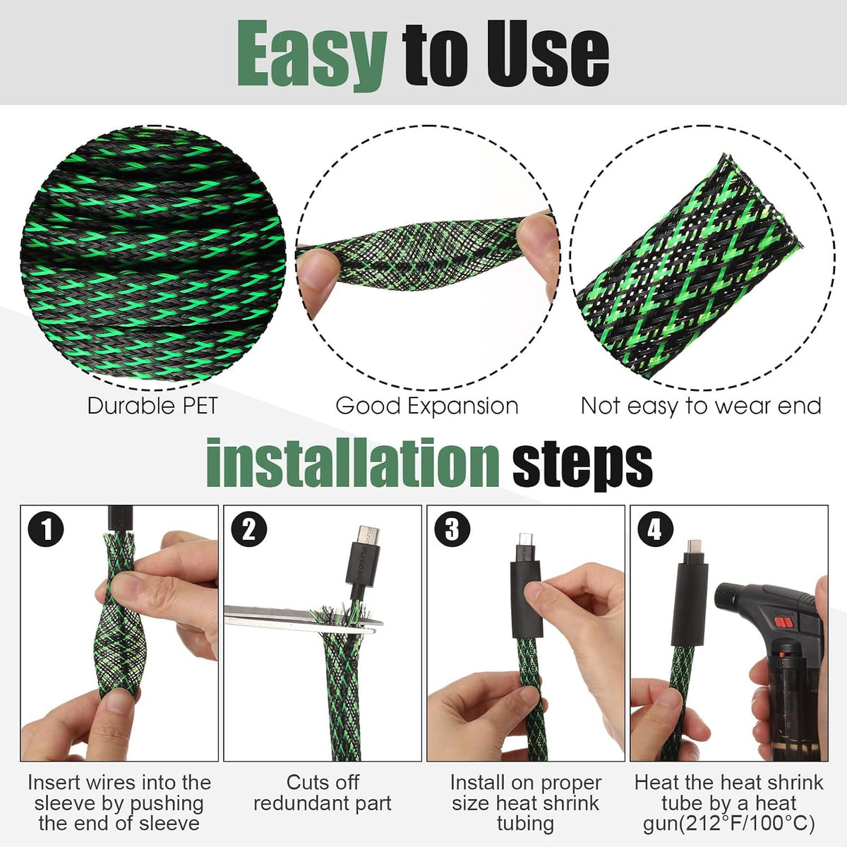 Tatuo 151 ft Braided Cable Sleeve Expandable Wire Sheathing(Green, Black)