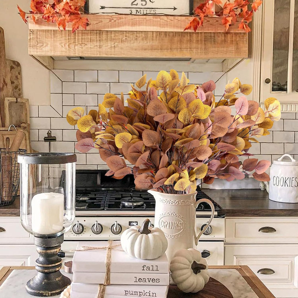 6 Pcs Fall Artificial Eucalyptus Stems Fall Decorations with Eucalyptus Leaf Branches for Indoor Home Autumn Festival Thanksgiving Decor(Mixed Dark Brown and Light Brown)
