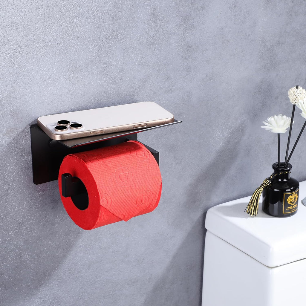 LANC Black Toilet Paper Holder with Shelf, Toilet Paper Roll Holder with Phone Shelf for Bathroom Kitchen Wall Mounted, Stainless Steel TP Holder,Matte Black Left, A8367MB-LF