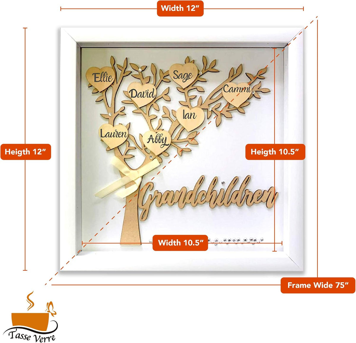 Tasse Verre 12x12 Grandchildren Shadow Box Kit - Family Tree Gift for Grandparents Grandma Grandpa with 7 Hearts and 40 Gems. Gift for Grandparents Grandchild Grandkid Nana Mimi Mothers Day