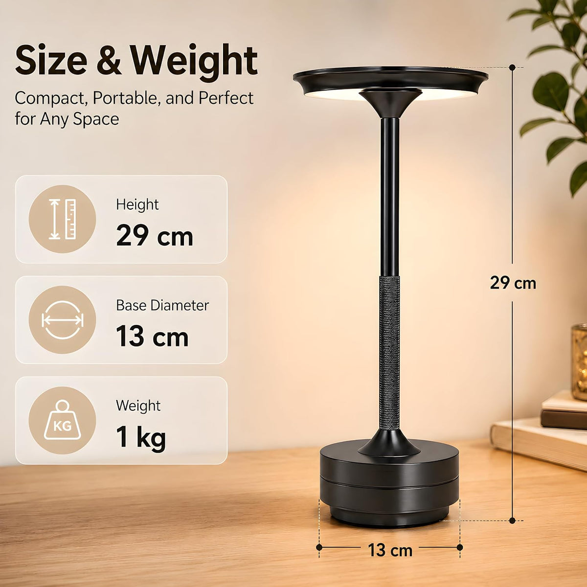 Cordless Rechargeable LED Table Lamp, 11.5 inches Modern Portable Desk Lamps 3 Colors Adjustable Brightness, 2600 mAh Battery Powered Table Light for Bar Restaurant Dining Black 2Pcs