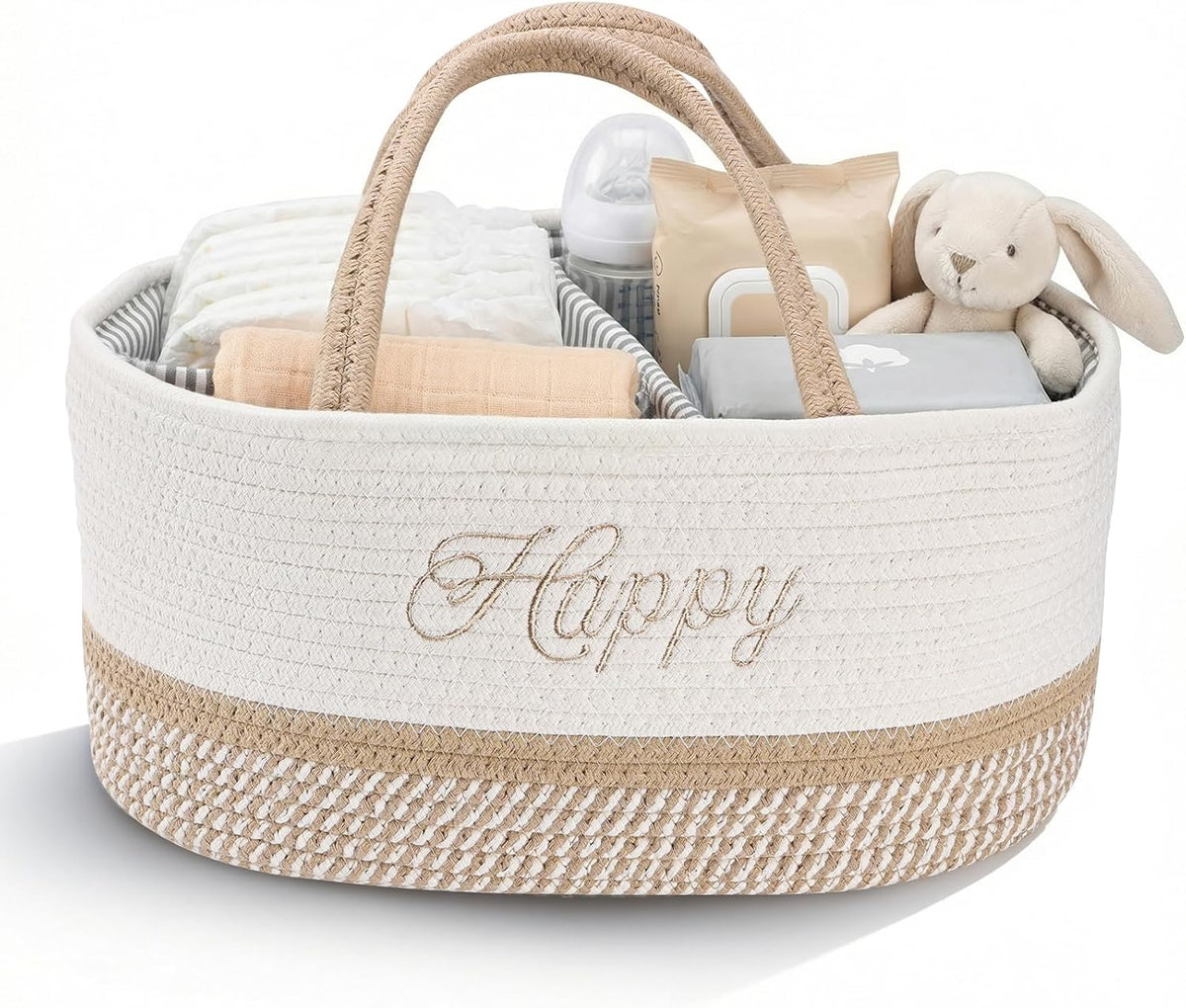 DUHEL Diaper Caddy Organizer with Handle(White Khaki-Happy)