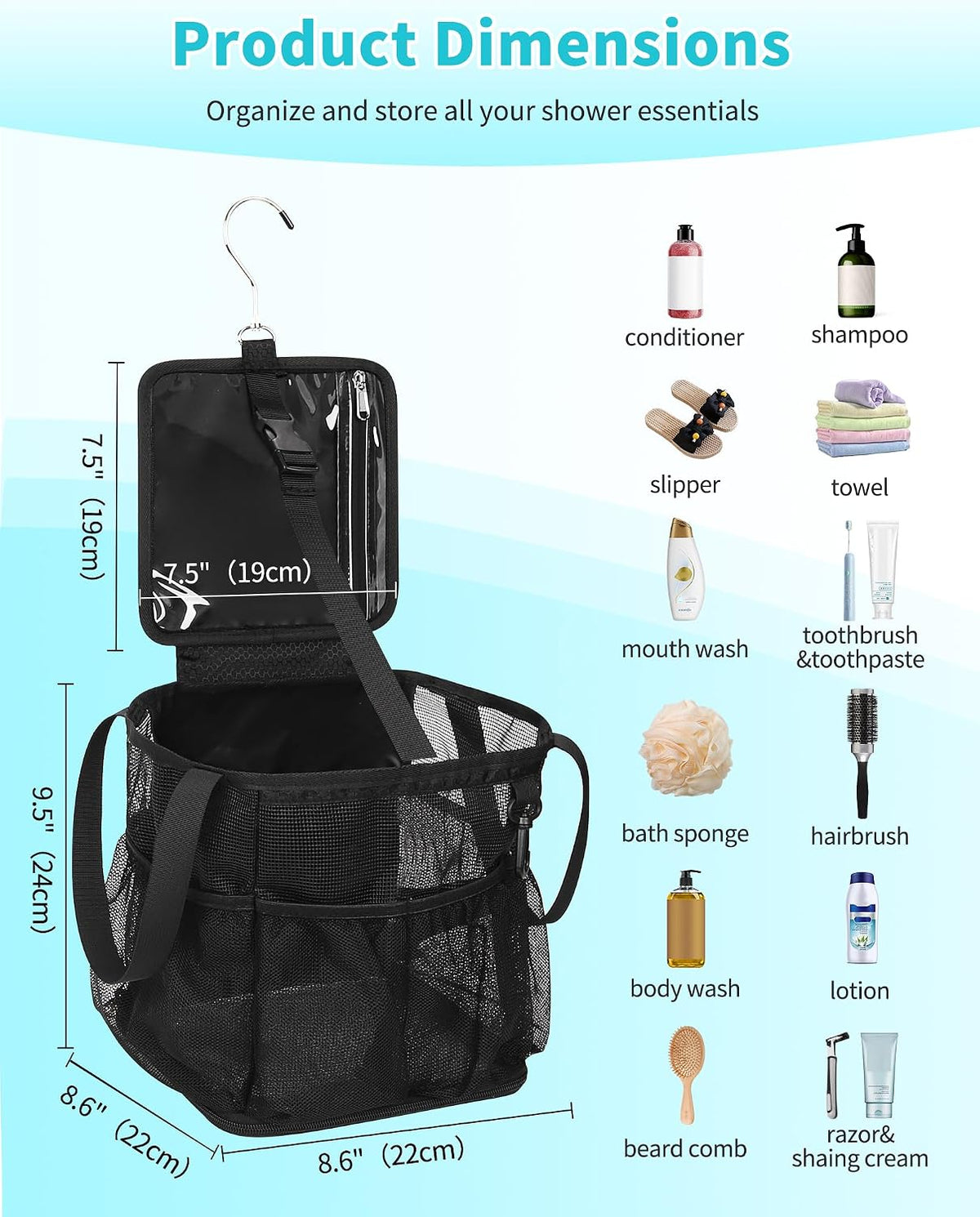CUBETASTIC Mesh Shower Caddy Portable - Large Capacity Shower Tote for College Dorm Essentials, Bathroom, Gym, Camping, 360° Hanging Hook & 4 Pockets Travel Toiletry Bag (A# Black, 8.6"×8.6"×9.8")