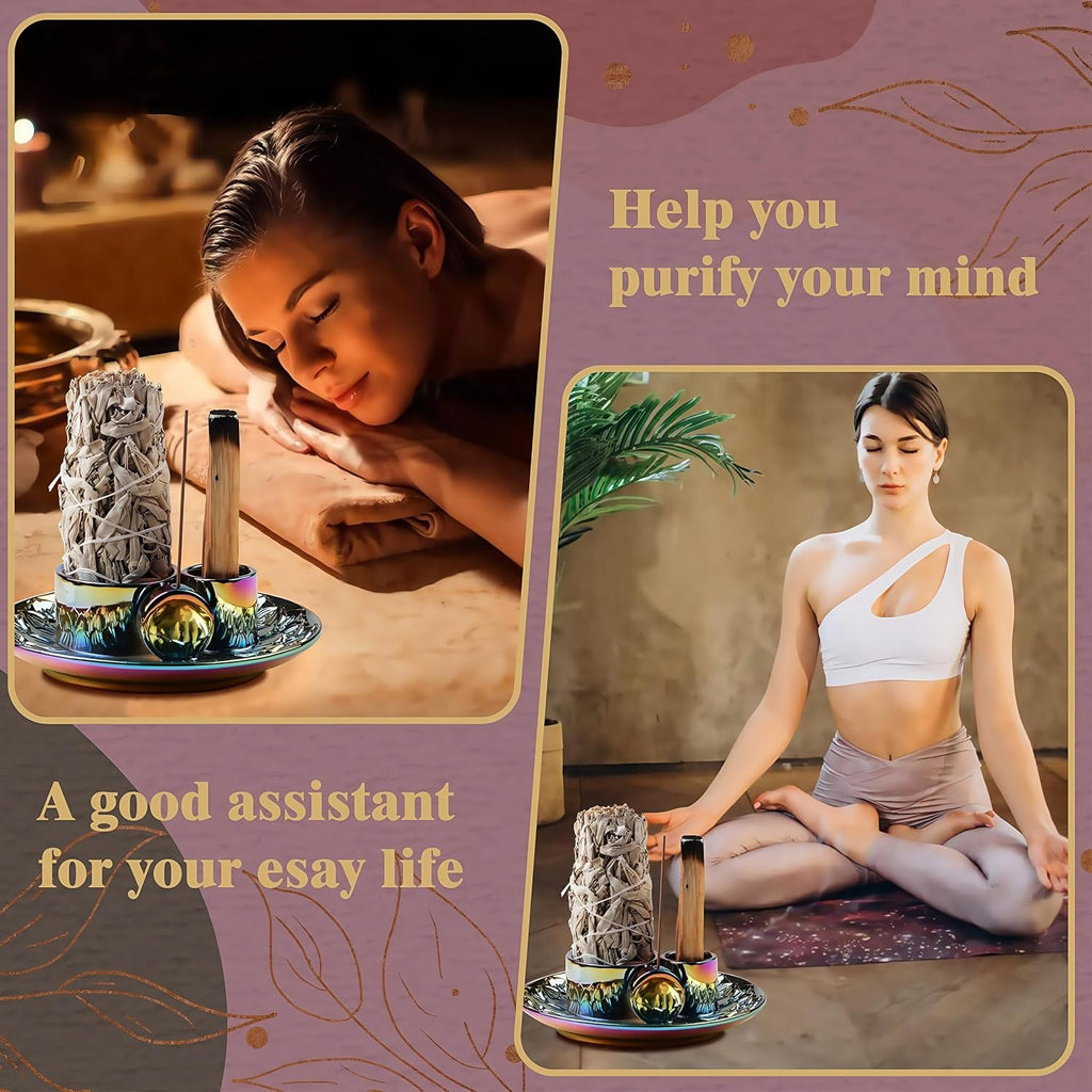 4 in 1 Incense Holder, Ceramic Incense Stick and Palo Santo Holder,Sage Holder for Burning- 5.5" Ceramic Ash Catcher Tray for Meditation and Yoga Room (Colourful)