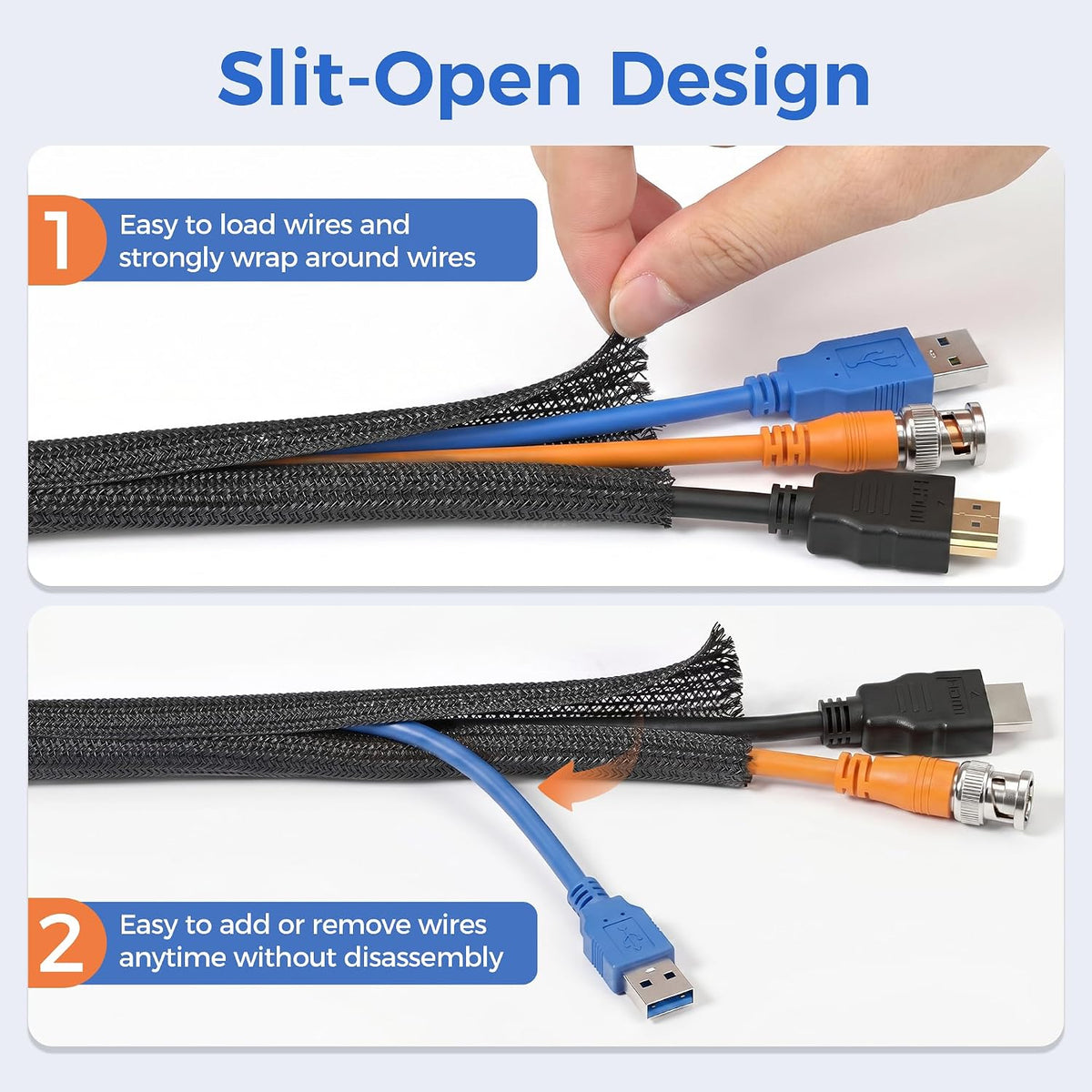 Delamu 30ft - 1/2 inch Cable Sleeve Cord Protector from Pets No Chew, Split-Braided PVC Wire Loom Tubing for Desk Computer USB TV Cord Organizer, Easy Set-up Cable Management Sleeve Kit, Black