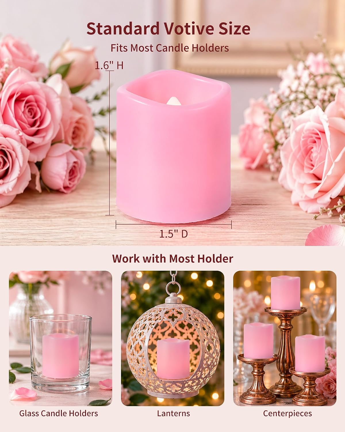 Homemory 24 Pack Pink Flameless Flickering LED Votive Tealights Candles